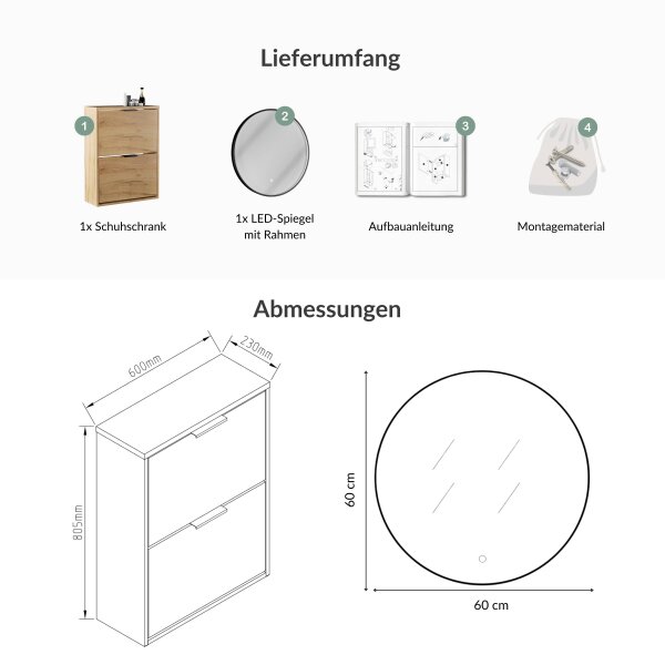 Schuhschrank STIVIO 2 Klappen Gold Eiche 60 cm, LED Spiegel rund mit Rahmen (3 Lichtstufen)