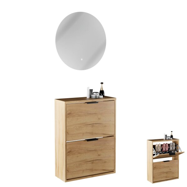 Schuhschrank STIVIO 2 Klappen Gold Eiche 60 cm, LED Spiegel rund ohne Rahmen (2 Lichtstufen)