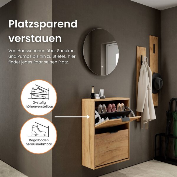 Schuhschrank STIVIO 2 Klappen Gold Eiche 60 cm, LED Spiegel rund ohne Rahmen (2 Lichtstufen)
