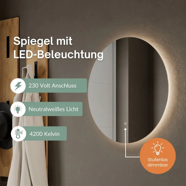 Schuhschrank STIVIO 2 Klappen Gold Eiche 60 cm, LED Spiegel rund ohne Rahmen (2 Lichtstufen)