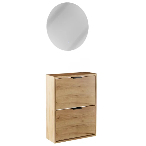 Scapolo STIVIO con 2 ante, rovere dorato, 60 cm, specchio rotondo a LED senza cornice (2 livelli di illuminazione)