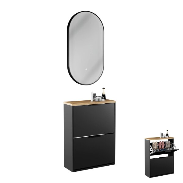Schuhschrank STIVIO 2 Klappen Schwarz 60 cm, LED Spiegel oval mit Rahmen (3 Lichtstufen)