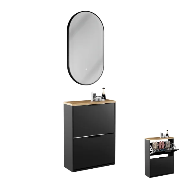 Armoire à chaussures STIVIO à 2 portes, noire, 60 cm, miroir ovale à LED avec cadre (3 intensités déclairage)