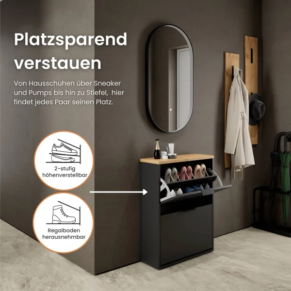 Armoire à chaussures STIVIO à 2 portes, noire, 60 cm, miroir ovale à LED avec cadre (3 intensités déclairage)
