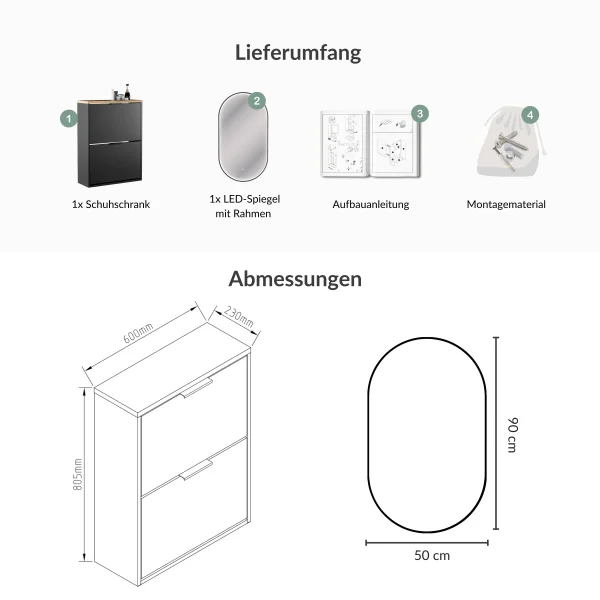 Armoire à chaussures STIVIO à 2 portes, noire, 60 cm, miroir ovale à LED avec cadre (3 intensités déclairage)