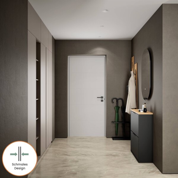 Schuhrank STIVIO 2 Klappen Schwarz 60 cm, LED Spiegel oval ohne Rahmen (2 Lichtstufen)