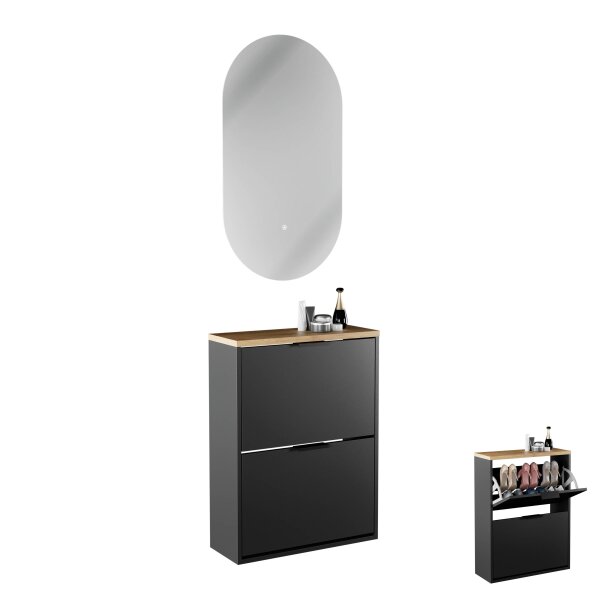 Schuhrank STIVIO 2 Klappen Schwarz 60 cm, LED Spiegel oval ohne Rahmen (2 Lichtstufen)