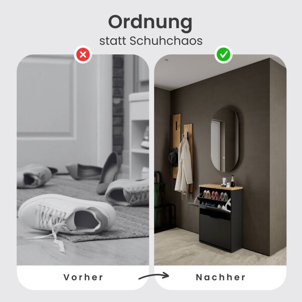 Schuhrank STIVIO 2 Klappen Schwarz 60 cm, LED Spiegel oval ohne Rahmen (2 Lichtstufen)