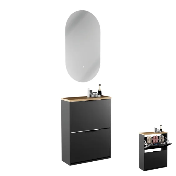 Armario para zapatos STIVIO con 2 puertas abatibles, negro, 60 cm; espejo LED ovalado sin marco (2 intensidades de luz)