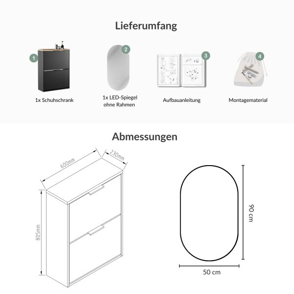 Schuhschrank STIVIO 2 Klappen Schwarz 60 cm, LED Spiegel oval ohne Rahmen (2 Lichtstufen)