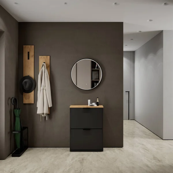 Armoire à chaussures STIVIO à 2 portes, noire, 60 cm, miroir rond à LED avec cadre (3 intensités déclairage)