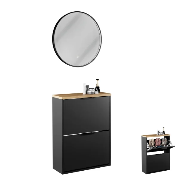 Armoire à chaussures STIVIO à 2 portes, noire, 60 cm, miroir rond à LED avec cadre (3 intensités déclairage)