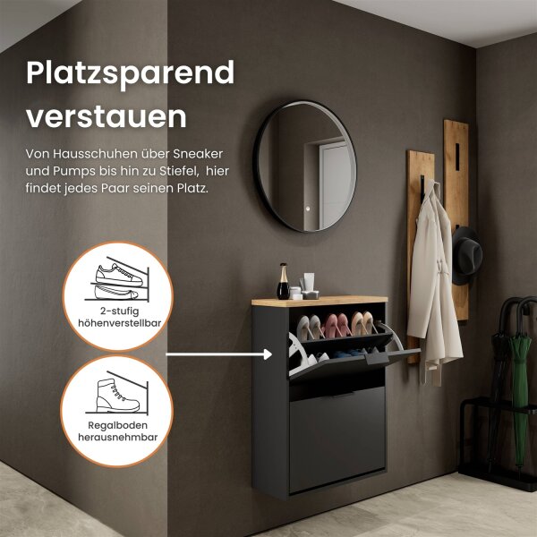 Schuhschrank STIVIO 2 Klappen Schwarz 60 cm, LED Spiegel rund mit Rahmen (3 Lichtstufen)