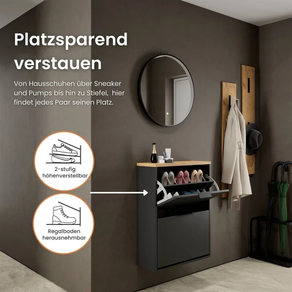 Armoire à chaussures STIVIO à 2 portes, noire, 60 cm, miroir rond à LED avec cadre (3 intensités déclairage)