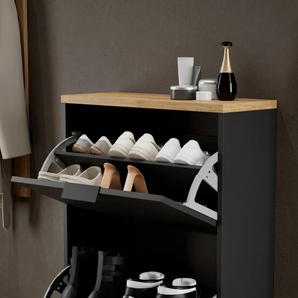 Armoire à chaussures STIVIO à 2 portes, noire, 60 cm, miroir rond à LED avec cadre (3 intensités déclairage)