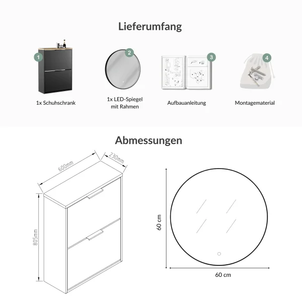 Armoire à chaussures STIVIO à 2 portes, noire, 60 cm, miroir rond à LED avec cadre (3 intensités déclairage)