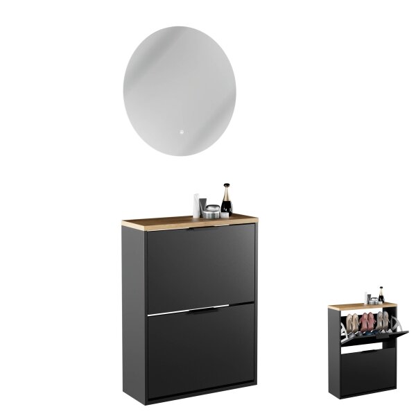 Schuhschrank STIVIO 2 Klappen Schwarz 60 cm, LED Spiegel rund ohne Rahmen (2 Lichtstufen)