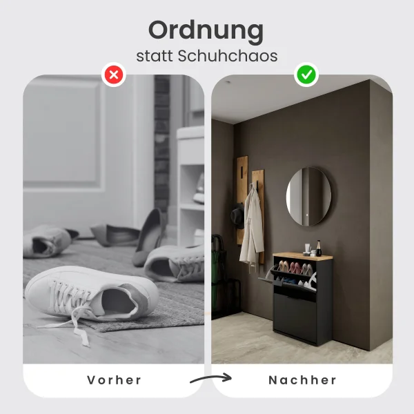 Schuhschrank STIVIO 2 Klappen Schwarz 60 cm, LED Spiegel rund ohne Rahmen (2 Lichtstufen)