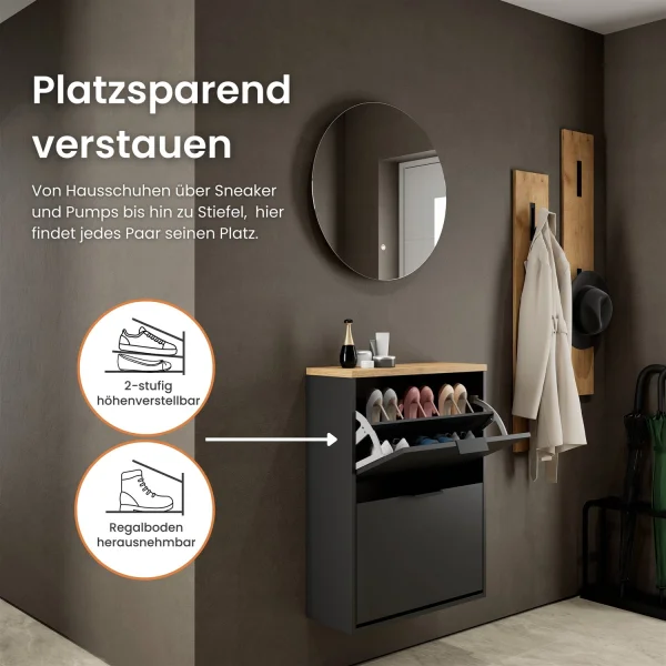 Schuhschrank STIVIO 2 Klappen Schwarz 60 cm, LED Spiegel rund ohne Rahmen (2 Lichtstufen)