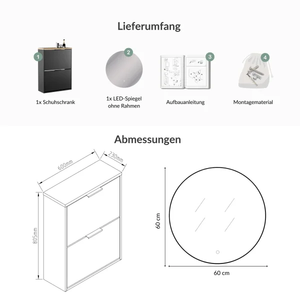 Schuhschrank STIVIO 2 Klappen Schwarz 60 cm, LED Spiegel rund ohne Rahmen (2 Lichtstufen)