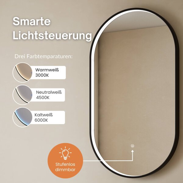 Schuhrank STIVIO 2 Klappen Weiß Grau 60 cm, LED Spiegel oval mit Rahmen (3 Lichtstufen)