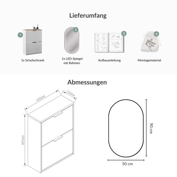 Schuhrank STIVIO 2 Klappen Weiß Grau 60 cm, LED Spiegel oval mit Rahmen (3 Lichtstufen)