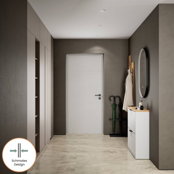 Schuhschrank STIVIO 2 Klappen Weiß Grau 60 cm, LED Spiegel oval mit Rahmen (3 Lichtstufen)