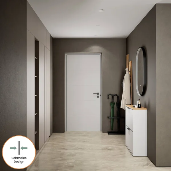 Armoire à chaussures STIVIO à 2 portes, blanc et gris, 60 cm, miroir ovale à LED avec cadre (3 intensités déclairage)