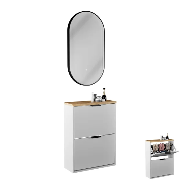 Armoire à chaussures STIVIO à 2 portes, blanc et gris, 60 cm, miroir ovale à LED avec cadre (3 intensités déclairage)