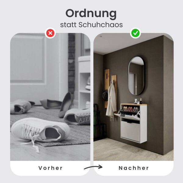 Schuhschrank STIVIO 2 Klappen Weiß Grau 60 cm, LED Spiegel oval mit Rahmen (3 Lichtstufen)