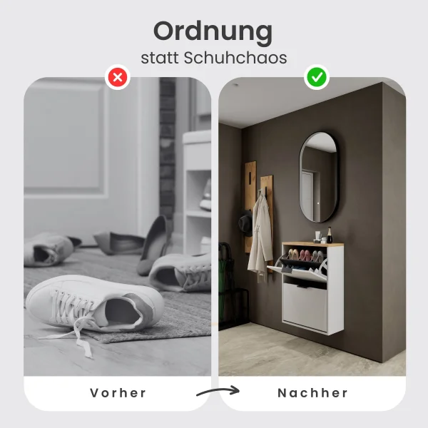 Armoire à chaussures STIVIO à 2 portes, blanc et gris, 60 cm, miroir ovale à LED avec cadre (3 intensités déclairage)