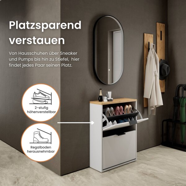 Schuhschrank STIVIO 2 Klappen Weiß Grau 60 cm, LED Spiegel oval mit Rahmen (3 Lichtstufen)
