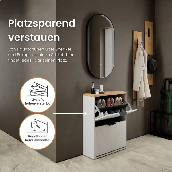 Armoire à chaussures STIVIO à 2 portes, blanc et gris, 60 cm, miroir ovale à LED avec cadre (3 intensités déclairage)