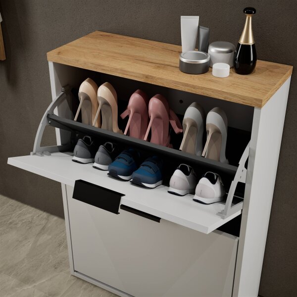 Schuhschrank STIVIO 2 Klappen Weiß Grau 60 cm, LED Spiegel oval mit Rahmen (3 Lichtstufen)