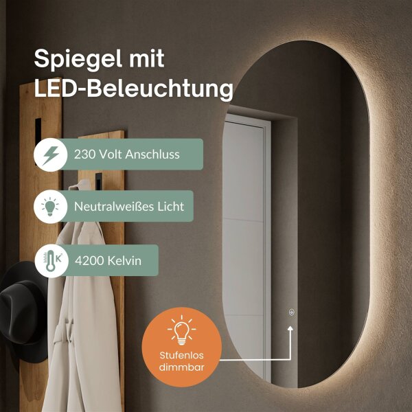 Schuhrank STIVIO 2 Klappen Weiß Grau 60 cm, LED Spiegel oval ohne Rahmen (2 Lichtstufen)