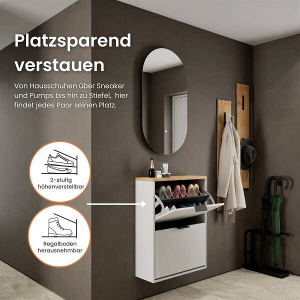 Schuhrank STIVIO 2 Klappen Weiß Grau 60 cm, LED Spiegel oval ohne Rahmen (2 Lichtstufen)
