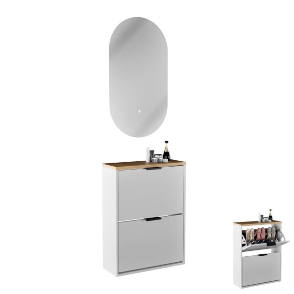 Schuhschrank STIVIO 2 Klappen Weiß Grau 60 cm, LED Spiegel oval ohne Rahmen (2 Lichtstufen)