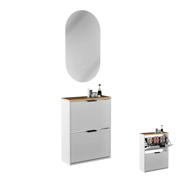 Meuble à chaussures STIVIO, 2 portes, blanc et gris, 60 cm, miroir ovale sans cadre avec éclairage LED (2 intensités)