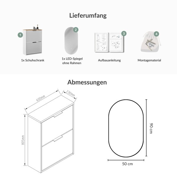 Schuhschrank STIVIO 2 Klappen Weiß Grau 60 cm, LED Spiegel oval ohne Rahmen (2 Lichtstufen)