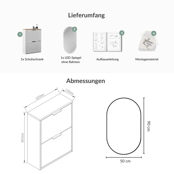 Meuble à chaussures STIVIO, 2 portes, blanc et gris, 60 cm, miroir ovale sans cadre avec éclairage LED (2 intensités)