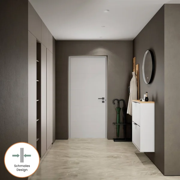 Meuble à chaussures STIVIO à 2 portes, blanc et gris, 60 cm, miroir rond à LED avec cadre (3 intensités déclairage)