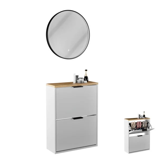 Meuble à chaussures STIVIO à 2 portes, blanc et gris, 60 cm, miroir rond à LED avec cadre (3 intensités déclairage)
