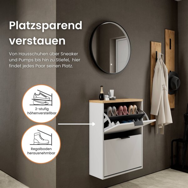 Schuhschrank STIVIO 2 Klappen Weiß Grau 60 cm, LED Spiegel rund mit Rahmen (3 Lichtstufen)