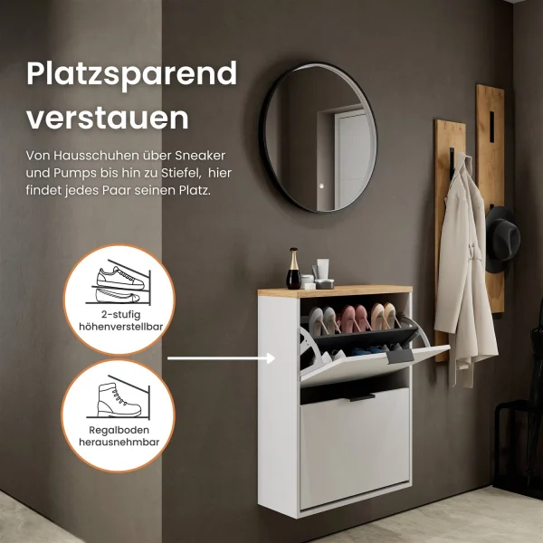 Meuble à chaussures STIVIO à 2 portes, blanc et gris, 60 cm, miroir rond à LED avec cadre (3 intensités déclairage)