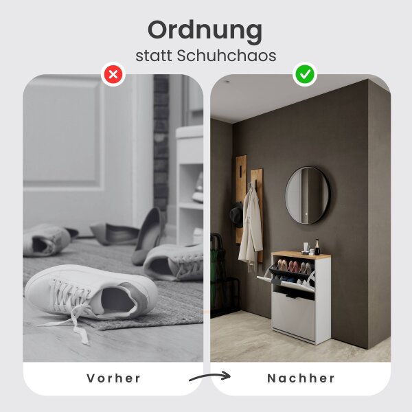 Schuhschrank STIVIO 2 Klappen Weiß Grau 60 cm, LED Spiegel rund mit Rahmen (3 Lichtstufen)