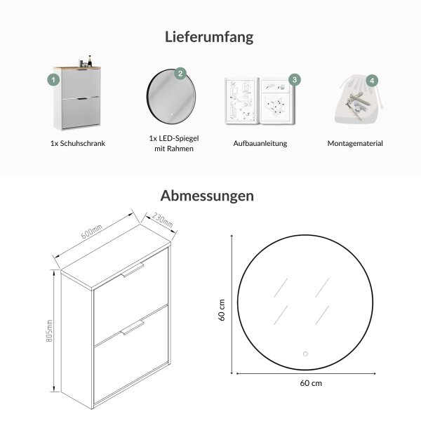 Schuhschrank STIVIO 2 Klappen Weiß Grau 60 cm, LED Spiegel rund mit Rahmen (3 Lichtstufen)