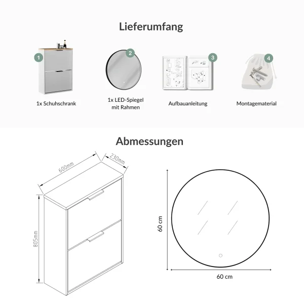 Meuble à chaussures STIVIO à 2 portes, blanc et gris, 60 cm, miroir rond à LED avec cadre (3 intensités déclairage)