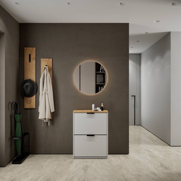 Schuhschrank STIVIO 2 Klappen Weiß Grau 60 cm, LED Spiegel rund ohne Rahmen (2 Lichtstufen)
