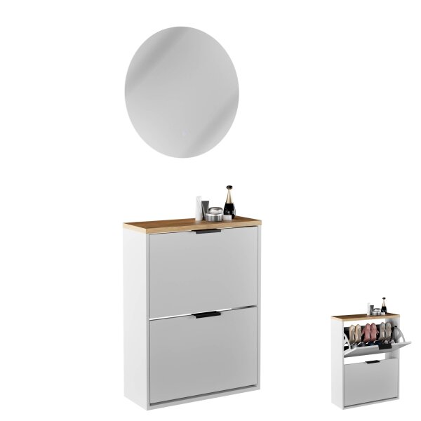 Schuhschrank STIVIO 2 Klappen Weiß Grau 60 cm, LED Spiegel rund ohne Rahmen (2 Lichtstufen)