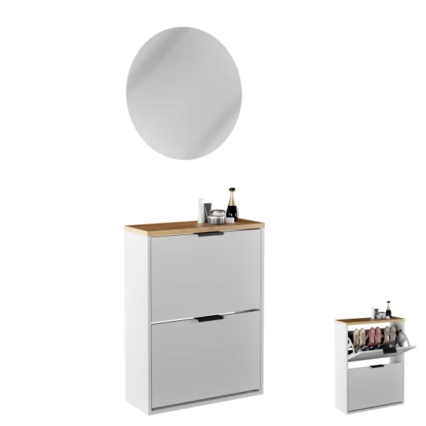 Meuble à chaussures STIVIO à 2 portes, blanc et gris, 60 cm, miroir rond à LED sans cadre (2 intensités déclairage)